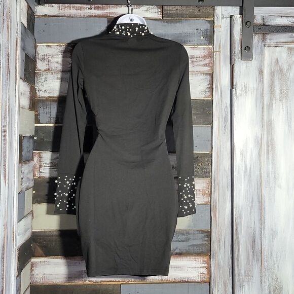 Black Bodycon Keyhole Pearl Accent Chocker Dress Size S - Picture 8 of 13